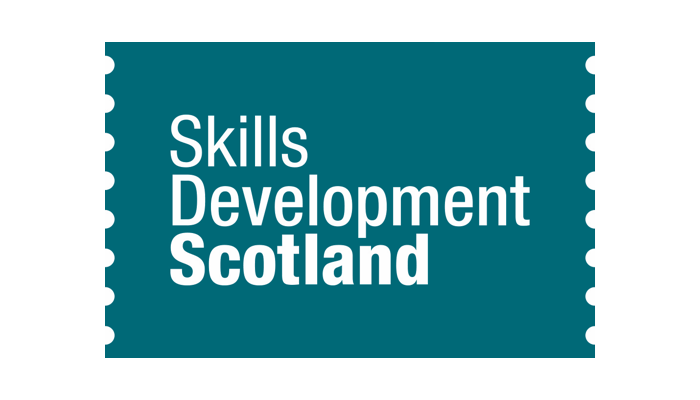 Skills development Scotland logo white on teal